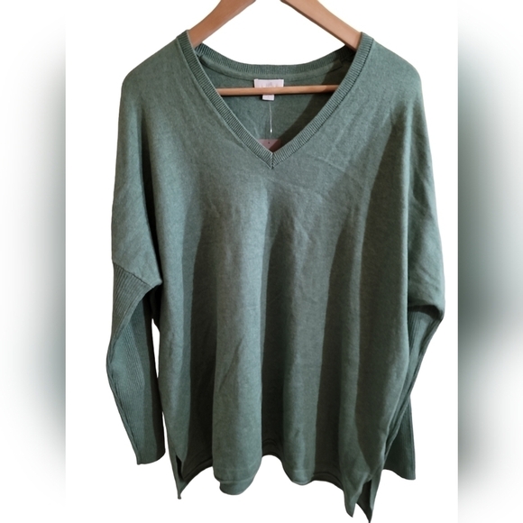 NWT J. Jill Lightweight V-neck Sweater Large Cotton Silk Wool Blend Muted Green - Picture 1 of 5